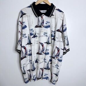 NWT American Summer Sport Polo Shirt Men Allover Sail Boats Palm Trees Print XXL